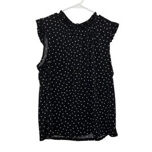 Adrianna Papell Women XL Black White Polka Dot Ruffle Neck Flutter Sleeve Blouse